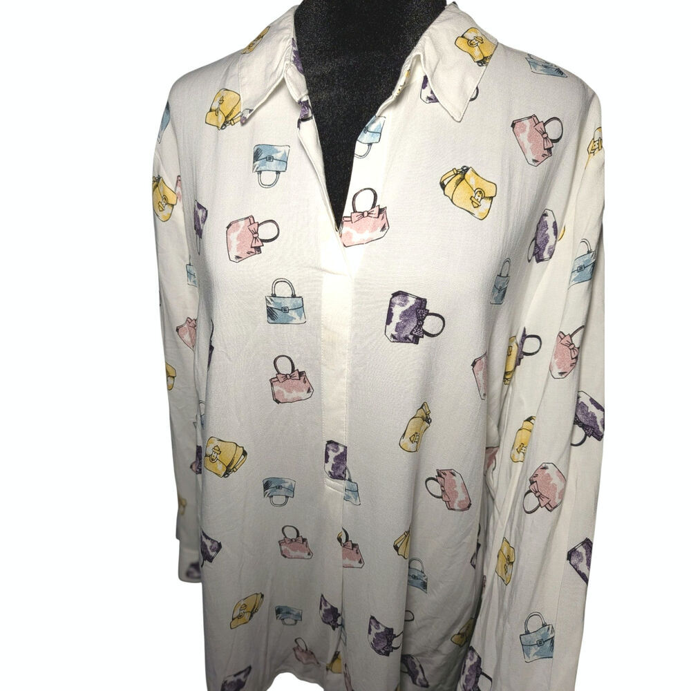 Como Black NWT Women's XL Purse Handbag Print White Shirt Tie 3/4 Sleeve Blouse - Picture 12 of 12